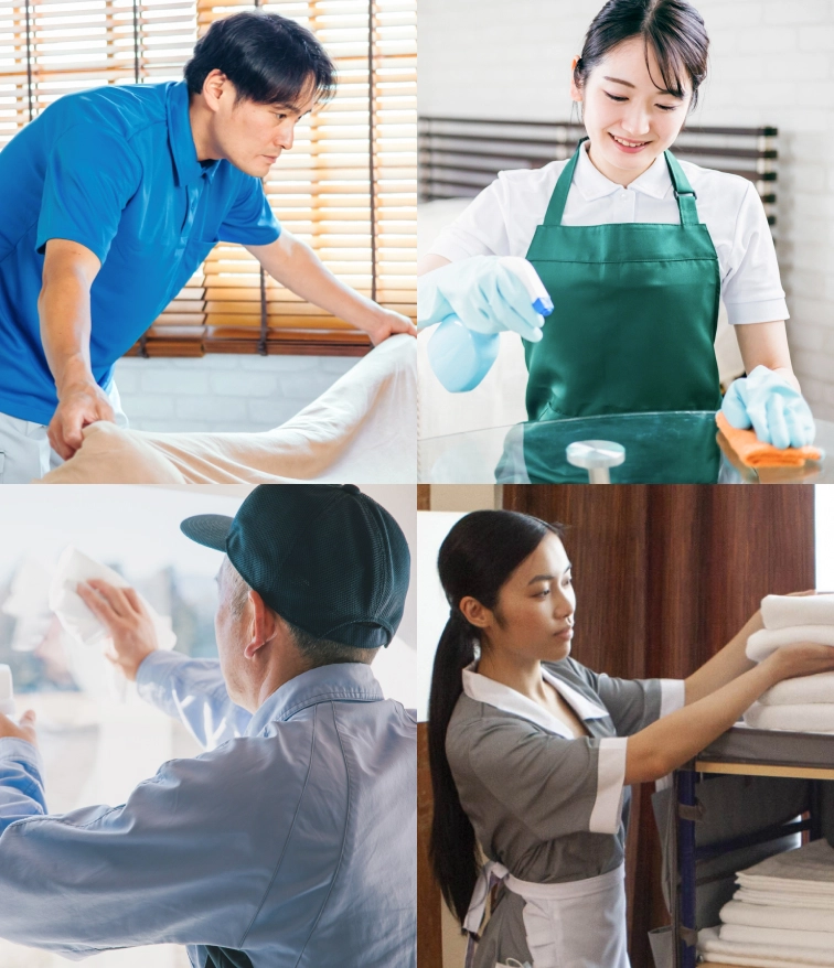 清掃スタッフの写真。布団を整える男性、水回りを掃除する女性、窓を拭く年配の男性、部屋を洗剤で掃除する外国人女性の4枚構成。